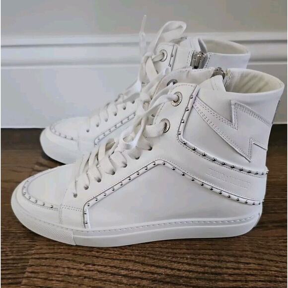 Zadig & Voltaire High Flash Studded Sneakers White Leather High Tops Sz 39 New! - Picture 1 of 6
